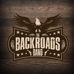 Logo for "The Backroads Band" featuring an eagle with outstretched wings above the text. The design, reminiscent of a family fun center like Spare Time Texas, includes stars, swirls, and silhouettes of pistols set against a wooden background.