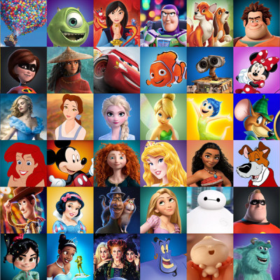 A colorful grid featuring various animated characters from popular films, including a pirate, a superhero, and a mythical creature, mirrors the lively atmosphere of Spare Time Texas. It's like stepping into an animated realm at this family fun center, where diverse personalities and themes come to life.