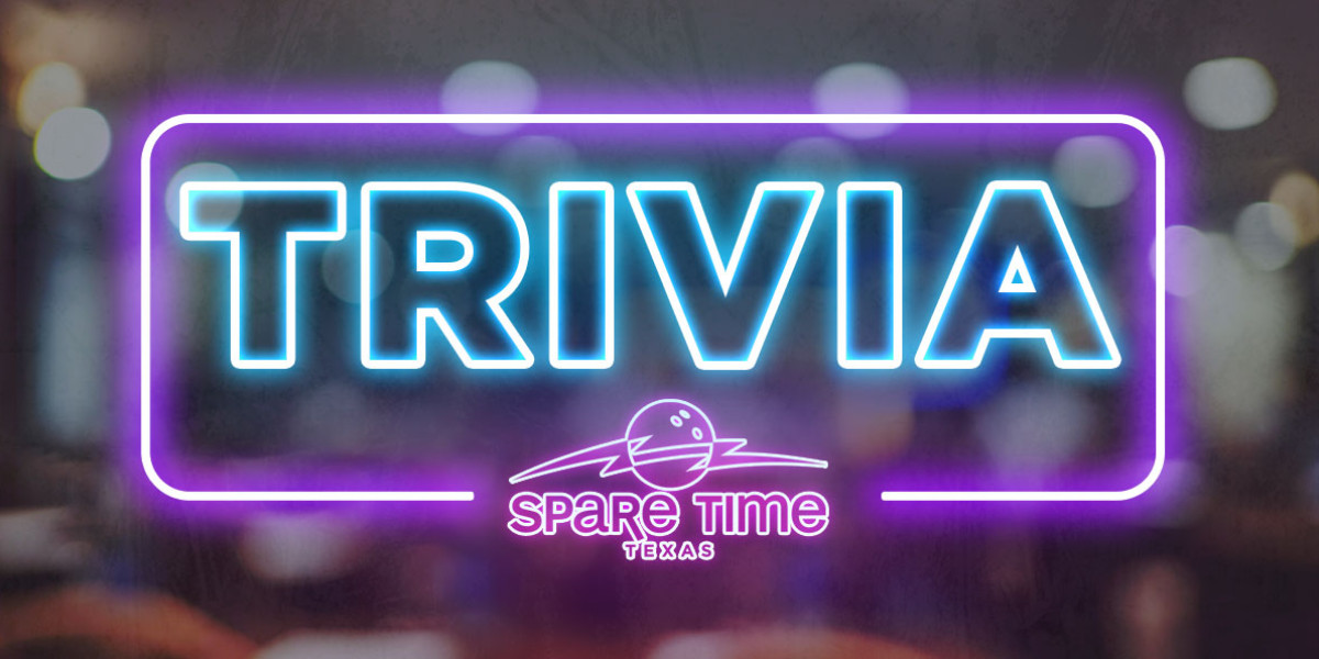 A neon sign spells "TRIVIA" in blue within a purple-outlined rectangle. Below, the Spare Time Texas logo features a stylized bowling ball and pins with pink text. This vibrant scene captures the lively essence of the family fun center, set against a blurred background with soft lights.