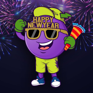 A cheerful cartoon grape wearing a "Happy New Year" hat, sunglasses, and holding a party horn celebrates the New Year at Spare Time Texas. Amid colorful fireworks, our festive friend in green cap, shorts, and sneakers dives into the family fun center spirit with bowling excitement all around.