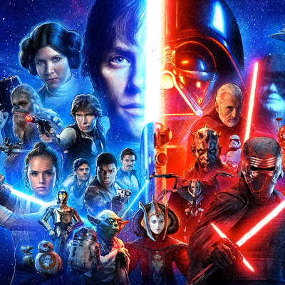 A collage of characters from a sci-fi movie series, featuring people with lightsabers, a variety of aliens, droids, and starships. The backdrop is a starry galaxy, showcasing the epic split between light and dark sides—perfect inspiration for your next adventure at Spare Time Texas.