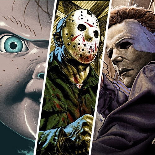 Three iconic horror characters are depicted: on the left, a doll with wide eyes; in the center, a figure wearing a hockey mask and a bloodstained jacket; on the right, a person in a white mask and dark jacket. This eerie artwork could be seen at Spare Time Texas after an intense bowling match.