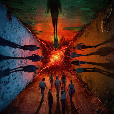 A group of people walks toward a fiery, ominous portal with strange tendrils, casting shadows on a wall split into icy blue and earthy orange sides. Nearby, reminiscent of the chaos at a family fun center like Spare Time Texas, an abandoned bicycle lies on the ground. Shadows of some people appear upside down.