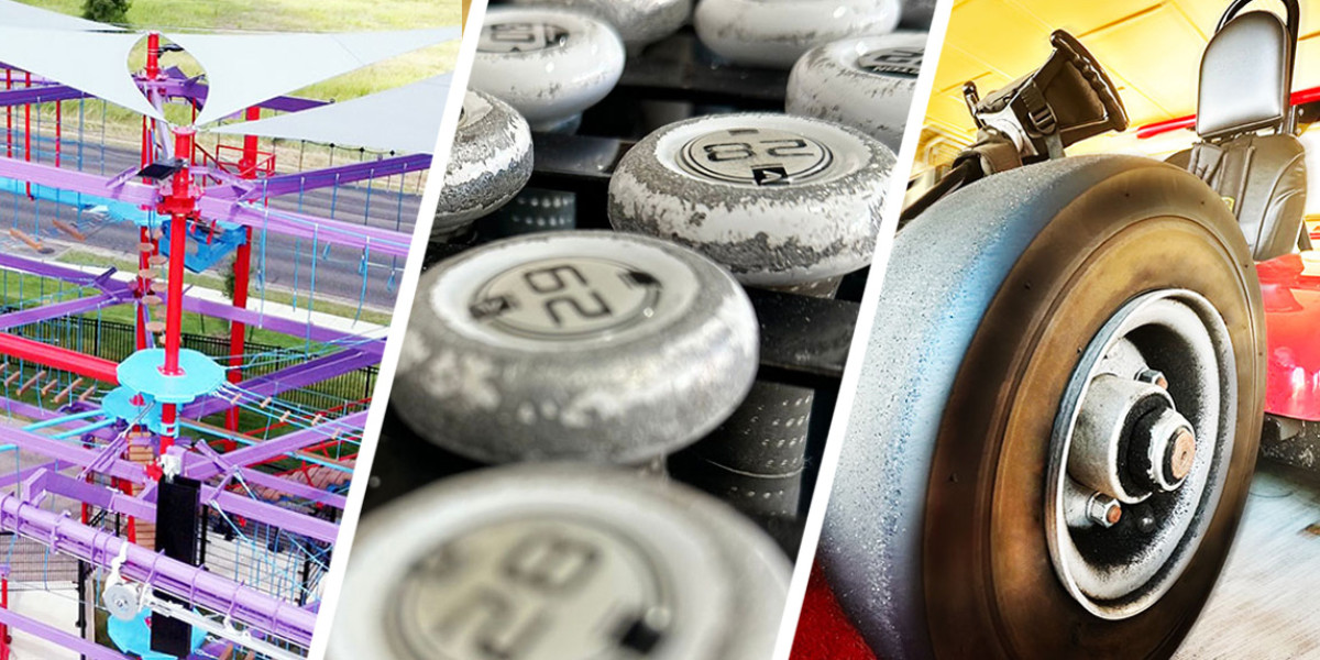 A triptych image showcases the vibrant energy of a family fun center. On the left, a colorful amusement ride mechanism catches the eye; at the heart, curling stones numbered 62 stand prominently; to the right, a red vehicle's wheel gleams in anticipation of new adventures at Spare Time Texas.