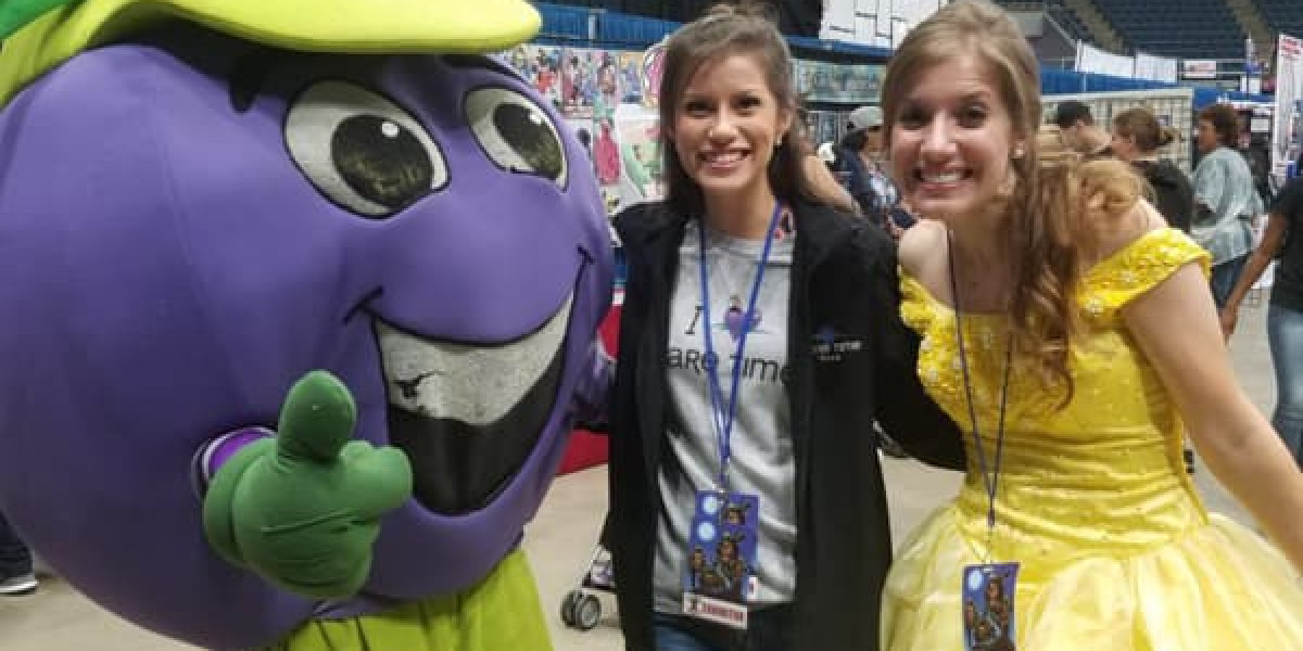 At a convention buzzing with excitement, three attendees stood out: one dressed as a purple grape character, a woman in casual clothes, and another in a yellow princess gown. All smiles with event badges around their necks, they looked ready for an adventure at Spare Time Texas, the ultimate family fun center.