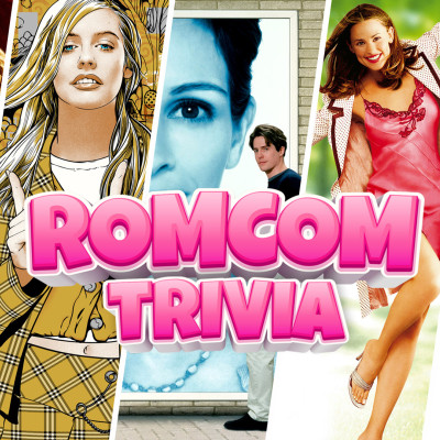 Collage of images with a "Romcom Trivia" text overlay in bold pink letters. The background features illustrated and photographic elements of characters in colorful outfits, suggesting themes of romance and comedy, much like a lively evening at a Texas family fun center with bowling.