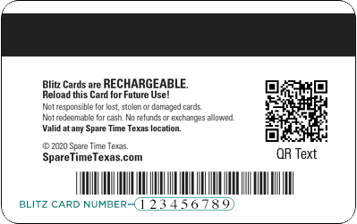 Image of a Blitz Card, perfect for your next visit to Spare Time Texas, a premier family fun center. The card is rechargeable and intended for future use, with warnings about loss and cash redemption. Includes a QR code, barcode, and © 2020 Spare Time Texas website details. Card number: 123456789.