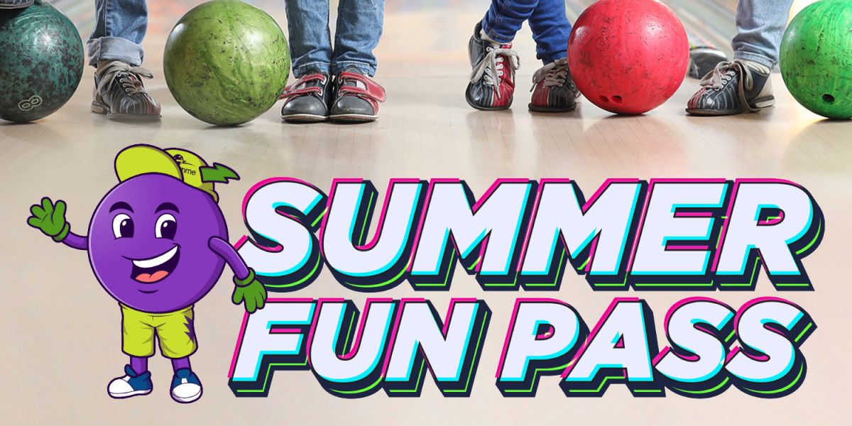 A vibrant advertisement showcases the "Summer Fun Pass" with a cheerful purple bowling ball character in a hat. Behind the text, four people's feet, each with uniquely colored bowling balls, hint at endless fun at Spare Time Texas—a perfect family fun center destination.