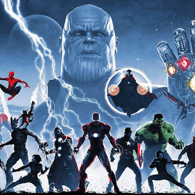 A dynamic scene featuring superheroes and a large villainous figure in the background with a powerful gauntlet unfolds like an epic comic book at Spare Time Texas. Various characters strike action poses, ready for battle under dramatic lighting and a stormy sky—a thrilling spectacle at this family fun center.