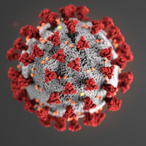 A 3D illustration of the coronavirus, reminiscent of bowling balls at Spare Time Texas, features a spherical shape with red spike proteins protruding from a gray surface.