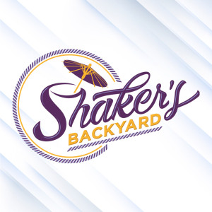 Logo with "Shaker's Backyard" in purple and yellow, featuring a stylized umbrella above the text. Set against diagonal light blue and white stripes, it captures the lively spirit of a family fun center, perfect for enjoying leisure time similar to Spare Time Texas.