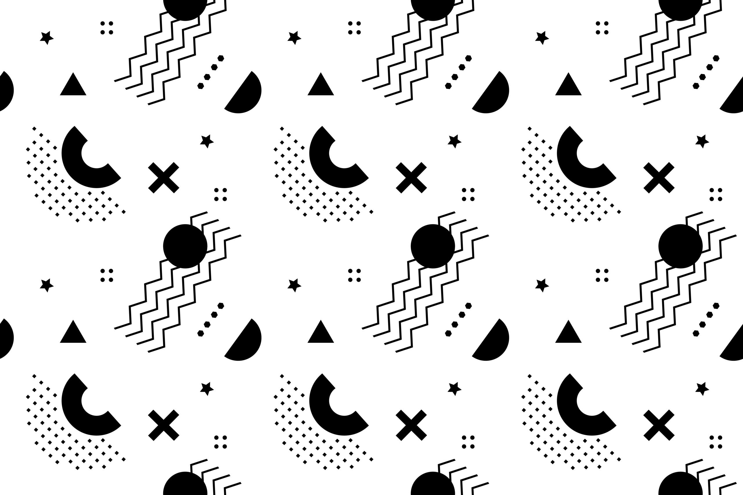 A seamless black and white geometric pattern featuring abstract shapes like circles, crescents, triangles, wavy lines, and crosses mimics the energetic vibe of a family fun center. Its repetitive design on a white backdrop echoes the lively spirit found at Spare Time Texas or during a night of bowling.