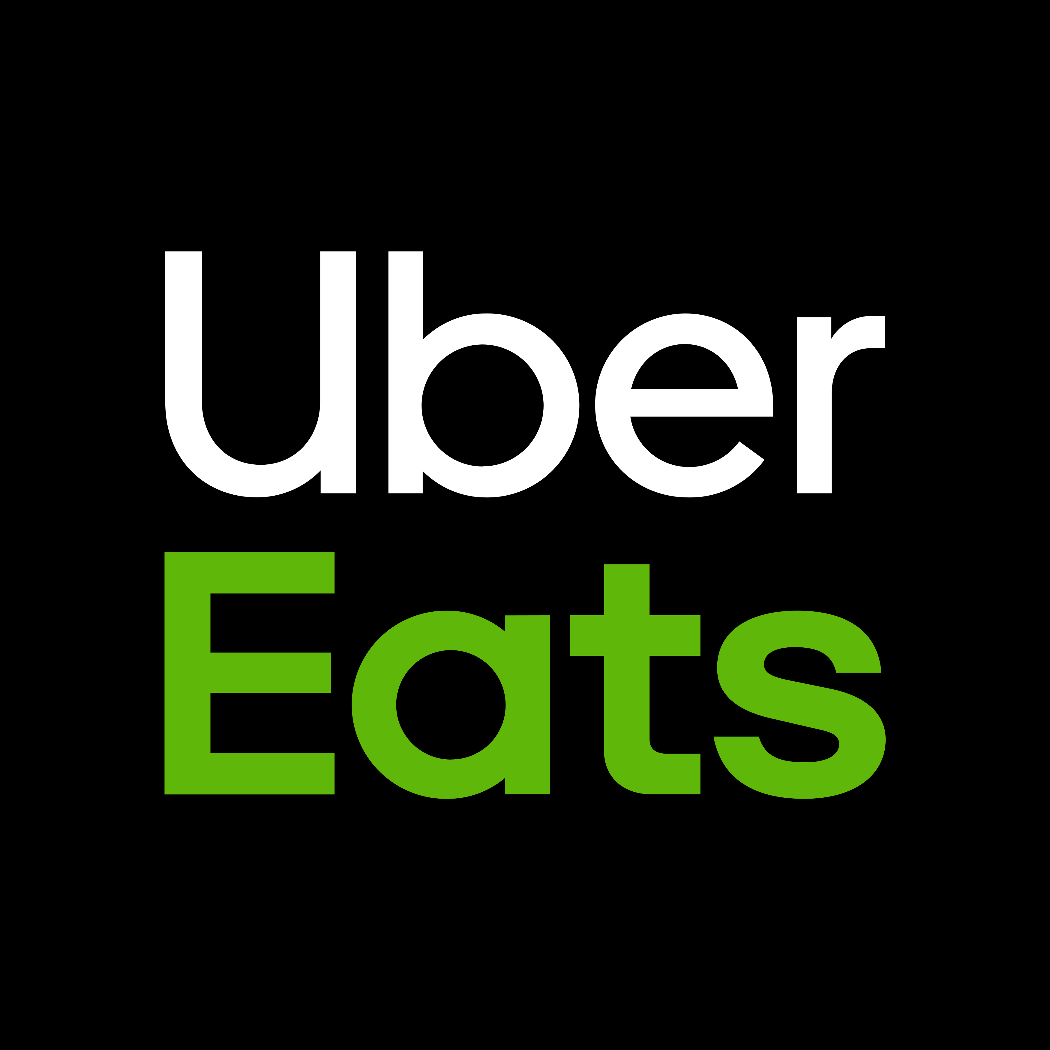 The image features the Uber Eats logo, with "Uber" in white text and "Eats" in green text, set against a black background—perfectly capturing the vibe of a family fun center like Spare Time Texas.