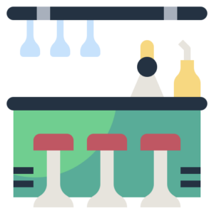 Illustration of a bar with three red stools, a counter displaying a cocktail shaker and bottle, and hanging glassware above. The counter is green with a dark blue top, reminiscent of the cozy and modern atmosphere you’d find at Spare Time Texas, perfect for unwinding after some family fun.