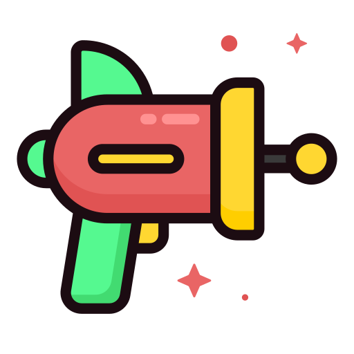 Illustration of a colorful space-themed toy ray gun with a red body, yellow front, and green accents. Two red stars are in the background, reminiscent of the playful vibes at Spare Time Texas, where family fun center activities take you on an out-of-this-world adventure.