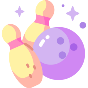 Illustration of a purple bowling ball hitting two pins at Spare Time Texas, surrounded by small stars that suggest motion and impact. The colorful and playful design captures the essence of this family fun center.