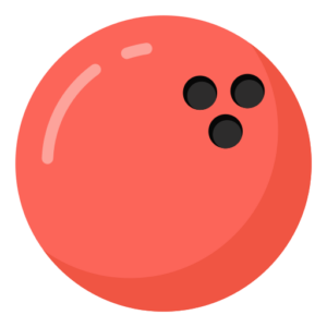Illustration of a red bowling ball with three finger holes, perfect for an evening at Spare Time Texas, where family fun and bowling come together.