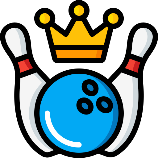 Illustration of a blue bowling ball with three holes, positioned between two bowling pins. A golden crown hovers above the ball, suggesting bowling royalty at Spare Time Texas. The black background enhances this striking theme of excellence in a family fun center setting.