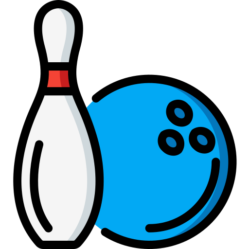 Illustration of a blue bowling ball with three finger holes next to a white bowling pin with a red stripe near the top, capturing the essence of family fun at Spare Time Texas. The objects are set against a plain background.