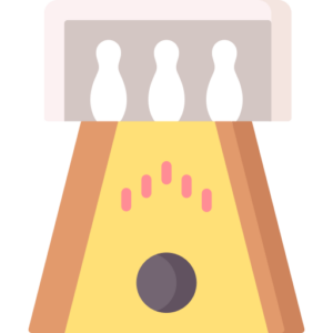 An illustration of a traditional metronome with a triangular body and round bottom, perfect for timing your next bowling game. The face displays pink tempo markings and a pendulum in the center. The top features three white pin-like shapes, reminiscent of Spare Time Texas fun.