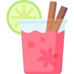 Illustration of a pink drink in a transparent cup with two cinnamon sticks and a lime slice garnish, perfect for cooling down at Spare Time Texas. A pink flower decoration is visible inside the drink, adding to the family fun center's vibrant atmosphere.