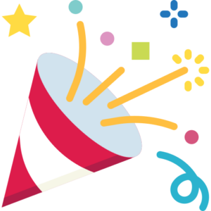 Illustration of a red and white party popper with colorful confetti—including stars, dots, and streamers—bursting out, setting the perfect festive tone for celebrations at Spare Time Texas.
