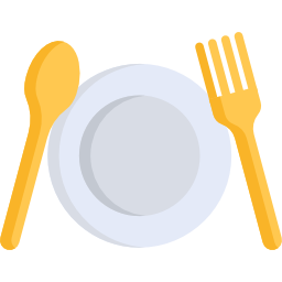Illustration of a white plate with a yellow spoon on the left and a yellow fork on the right, reminiscent of the vibrant atmosphere at Spare Time Texas, where every dish is as engaging as an evening at their family fun center.