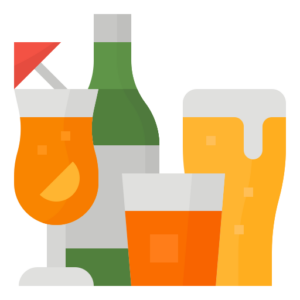 Icon featuring a cocktail glass with an orange drink and umbrella, a green wine bottle, a pint glass of beer with foam, and a glass of orange juice—all in a flat, minimalist style perfect for promoting the vibrant atmosphere at Spare Time Texas or highlighting fun evenings at the bowling lanes.