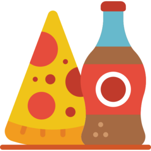 Illustration of a slice of pepperoni pizza next to a bottle of soda, perfect for a family fun center vibe. The pizza boasts a yellow crust adorned with red pepperoni circles, while the brown bottle features a label and blue cap—ideal refreshments after an exciting game at Spare Time Texas.