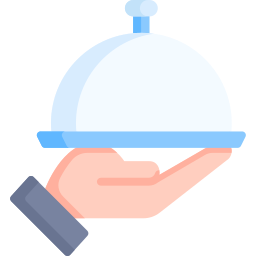 Illustration of a hand holding a blue serving tray with a dome lid, reminiscent of the delightful offerings at Spare Time Texas, where bowling meets a family fun center experience.