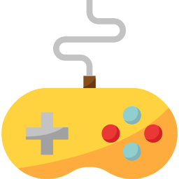 Illustration of a yellow video game controller with a gray cord, perfect for those Spare Time Texas enthusiasts. It features a plus-shaped directional pad on the left and circular red and blue buttons on the right, offering endless virtual fun in your own family fun center.
