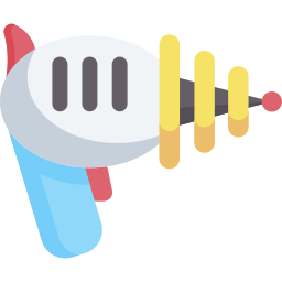 Illustration of a retro-futuristic ray gun with a white body, yellow and black details, and a blue and red handle. The design features spiral accents around the barrel, reminiscent of the playful vibes found at Spare Time Texas, where sci-fi meets classic family fun center charm.