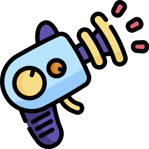 A colorful cartoon-style ray gun emitting beams, with a blue and yellow body, a circular dial, and flashes indicating the beam's trajectory—a whimsical addition to Spare Time Texas, perfect for amplifying the excitement at their family fun center.