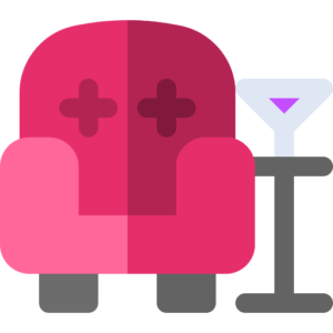 Illustration of a cozy red armchair with a cross pattern on the backrest, nestled beside a small round table holding a martini glass filled with purple liquid. This scene evokes relaxation, reminiscent of unwinding at a family fun center in Texas after an exciting bowling session.