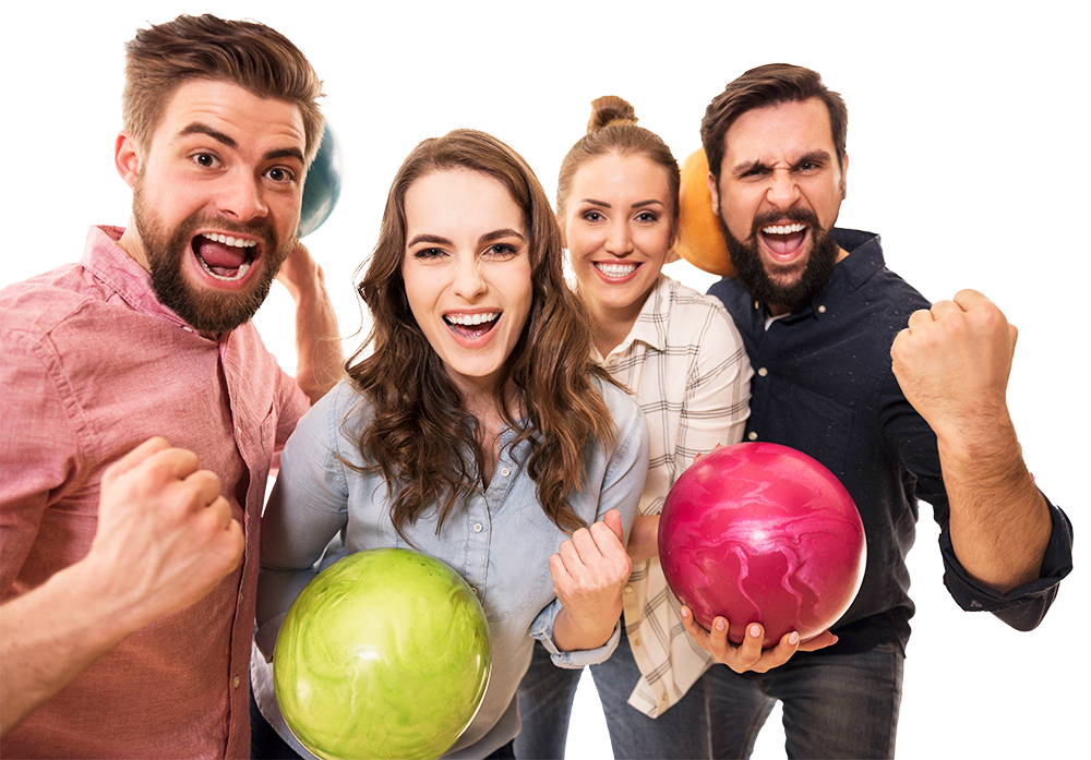 A group of four people smiling and holding colorful bowling balls stands closely together at Spare Time Texas. They appear excited and ready to bowl, with one person raising a fist in enthusiasm, capturing the spirit of fun at this popular family fun center. White background.