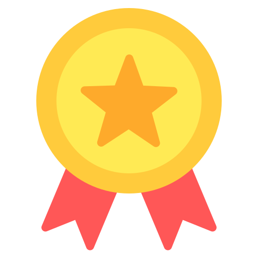 Illustration of a gold medal with a star in the center, featuring two red ribbons hanging below—perfect for celebrating achievements at Spare Time Texas, the ultimate family fun center.