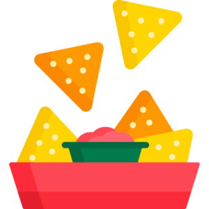A colorful illustration of a red bowl filled with triangular yellow tortilla chips sits in the family fun center at Spare Time Texas. A green container of red salsa is centered, surrounded by chips seemingly tossed or arranged, evoking the playful spirit of a bowling alley feast.