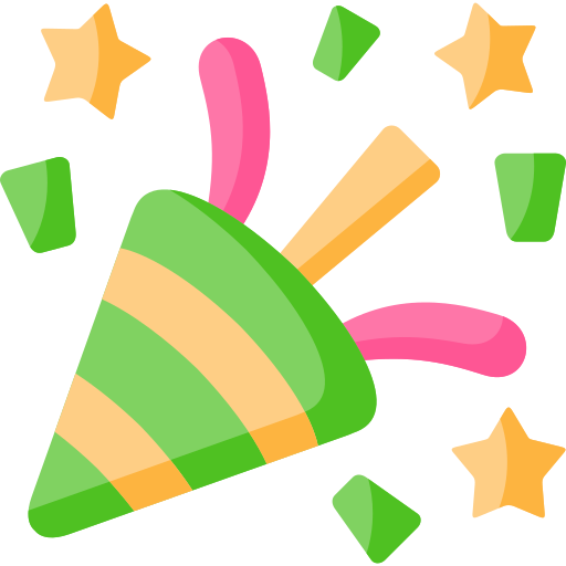 Illustration of a party popper with a green and yellow striped cone, bursting open with pink streamers, stars, and confetti pieces in green and yellow—perfect for celebrating a strike at Spare Time Texas, the ultimate family fun center.