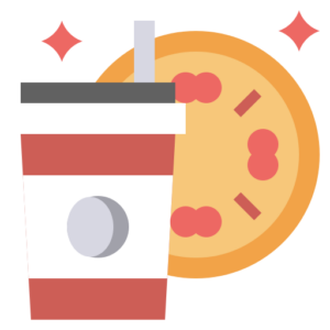 Illustration of a red and white takeout coffee cup with a straw, beside an abstract pizza slice topped with red circles. Two sparkling stars hover above, adding a playful touch reminiscent of the lively atmosphere at Spare Time Texas, perfect for bowling enthusiasts and family fun center adventures.