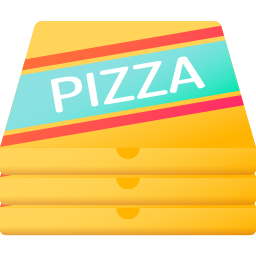 Illustration of three stacked yellow pizza boxes with a colorful label reading "PIZZA" on the top box, evoking the lively spirit of Spare Time Texas, a family fun center where bowling and delicious food make for an unforgettable experience.