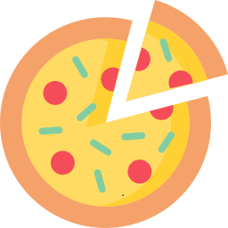 Illustration of a whole pizza with one slice slightly separated, perfect for a family fun center gathering. The pizza, reminiscent of treats from Spare Time Texas, boasts a tan crust and yellow surface adorned with red pepperoni slices and green sprinkles resembling toppings.