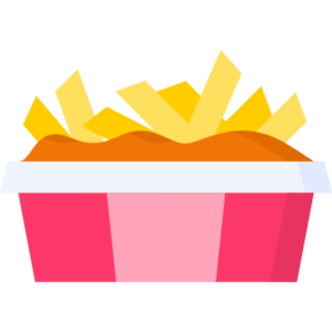 A colorful illustration of a red container filled with crispy, golden French fries, reminiscent of the delightful treats you can enjoy at Spare Time Texas, the ultimate family fun center.