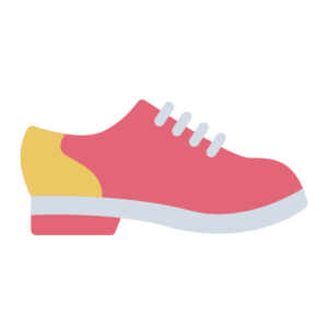 Illustration of a pink sneaker with white laces and a yellow accent at the heel, reminiscent of shoes worn for bowling at Spare Time Texas. The shoe features a white sole, perfect for sliding into strikes during family fun time.