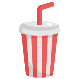 Illustration of a red and white striped disposable cup with a lid and a red straw, capturing the vibrant energy of Spare Time Texas, where family fun meets the thrill of bowling.