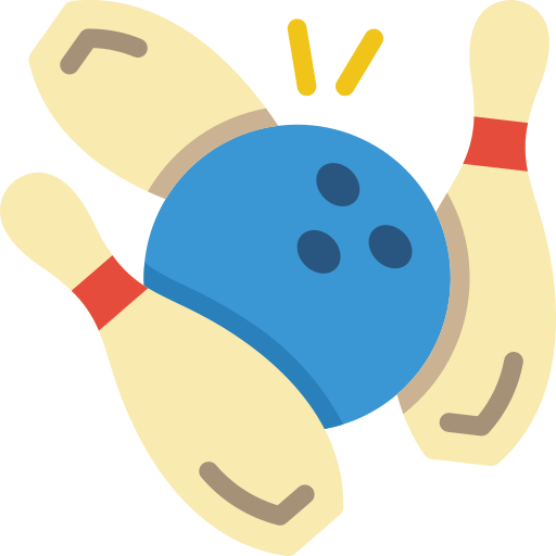 Illustration of a blue bowling ball striking three bowling pins, causing them to fly outward at Spare Time Texas. The pin tops are white with red stripes, and yellow stress lines indicate impact, capturing the excitement of a family fun center dedicated to the thrill of bowling.