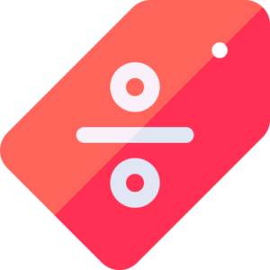 A red price tag icon featuring a white division symbol in the center suggests a discount or sale at Spare Time Texas. The tag, perfect for use at the family fun center where bowling is just one of many activities, has a hole in the upper right corner for easy attachment.