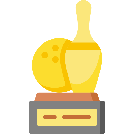 Illustration of a bowling trophy featuring a yellow bowling ball and pin atop a gray base with a gold nameplate, reminiscent of the high-energy excitement at Spare Time Texas.