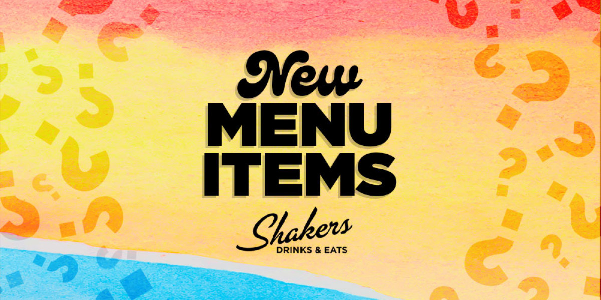 Yellow and red background with question marks and blue corner accents. Bold black text reads, "New Menu Items" above "Shakers Drinks & Eats" in cursive, capturing the lively spirit of Spare Time Texas, a family fun center that's more than just bowling.
