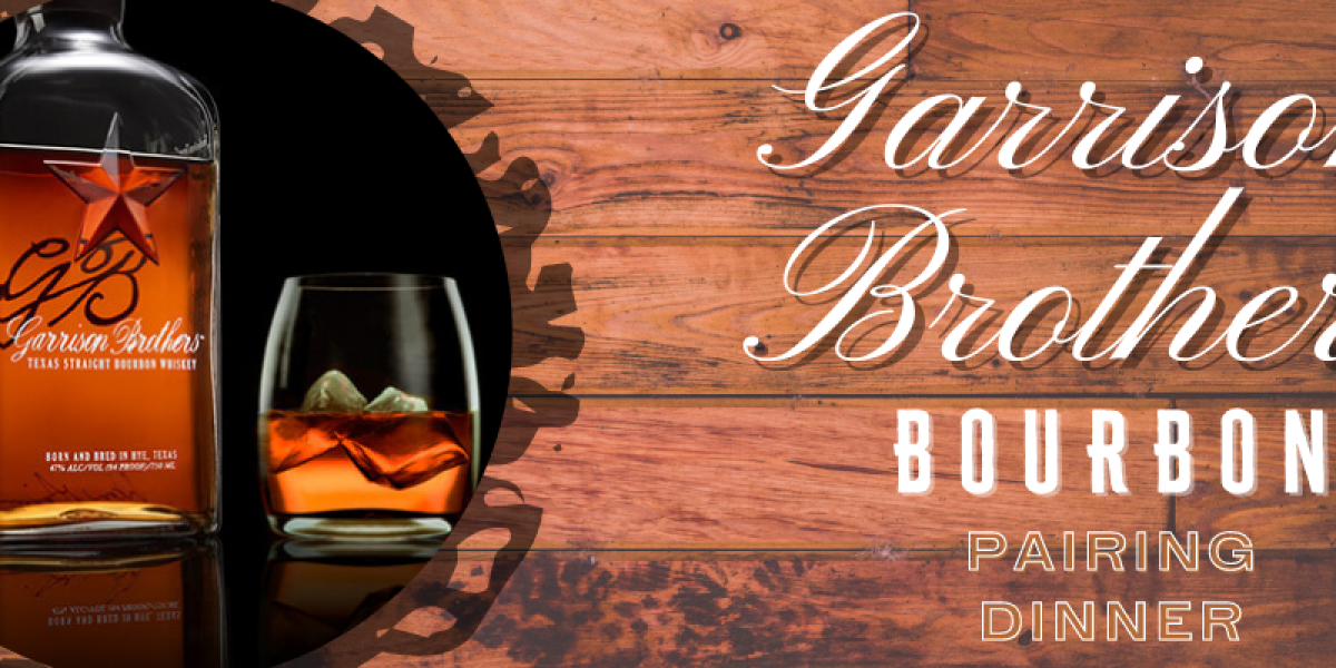 A bottle and glass of bourbon are displayed on a wooden surface at Spare Time Texas. The text reads "Garrison Brothers Bourbon Pairing Dinner." The bottle has a star and script logo, while the amber drink in the glass is chilled with ice cubes, perfect after bowling at the family fun center.