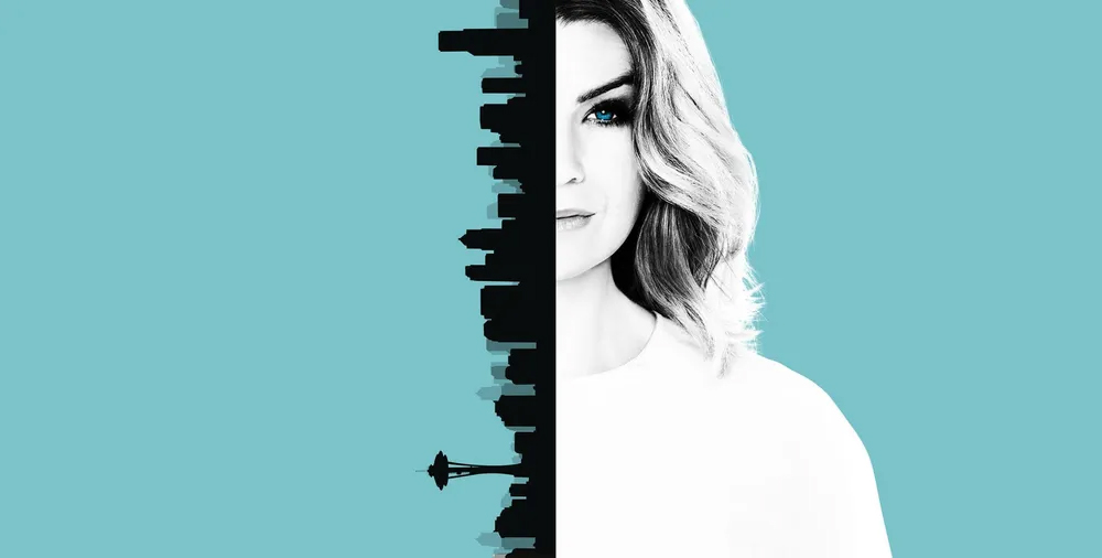 A woman's face is split by a line, with her left side transformed into a Seattle skyline silhouette, featuring the Space Needle against a turquoise background. The right side displays her black-and-white portrait, reminiscent of memories made at Spare Time Texas or any family fun center.